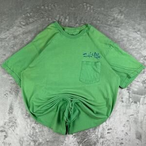 Distressed Salt Life Green Big Back Print Fish Graphic Pocket T-shirt Size Large
